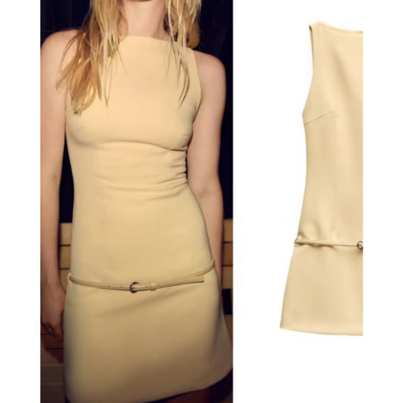 Zara Butter Yellow Belted Mini Dress S - Picture 3 of 5